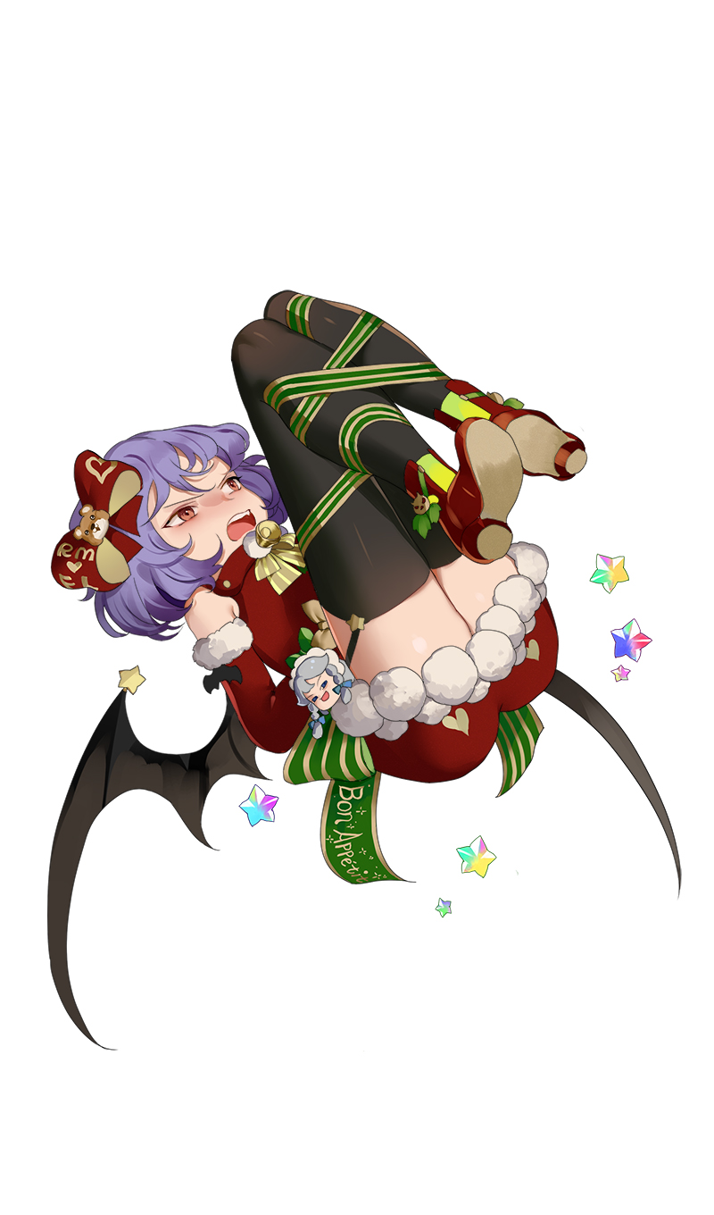 1girl alternate_costume arm_behind_back bat_wings bdsm bell black_legwear blue_hair bondage bound bound_legs bow christmas dress elbow_gloves french full_body gloves green_ribbon hair_bow highres hillly_(maiwetea) izayoi_sakuya legs_up open_mouth red_bow red_dress red_eyes red_footwear red_gloves remilia_scarlet ribbon ribbon_bondage santa_costume shoes simple_background solo star thigh-highs touhou white_background wings