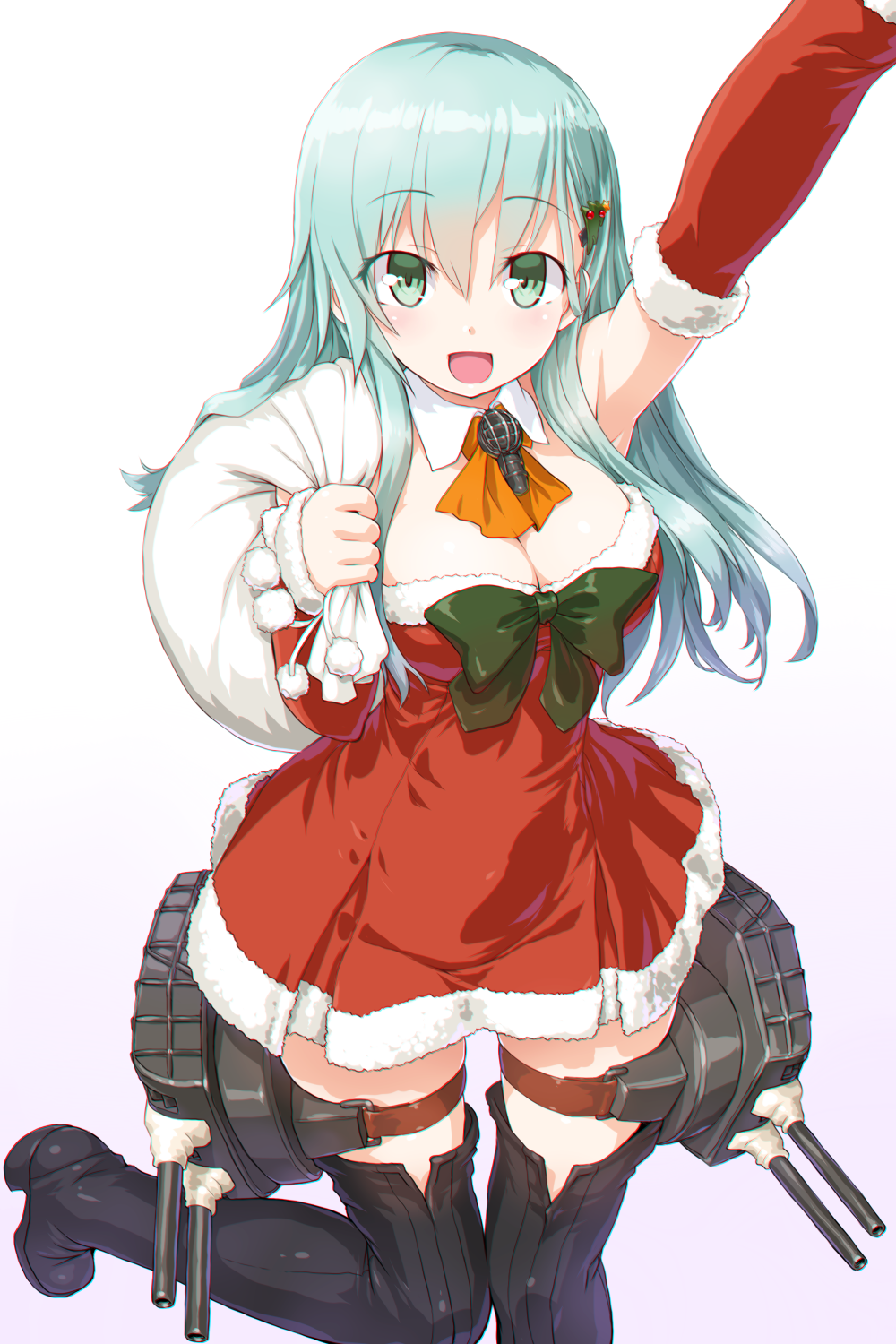 1girl alternate_costume aqua_hair arm_warmers black_legwear blush boots breasts christmas_tree_hair_ornament cleavage collarbone dd_(ijigendd) detached_collar detached_sleeves dress eyebrows_visible_through_hair fur_trim green_eyes hair_ornament highres kantai_collection long_hair looking_at_viewer medium_breasts open_mouth red_dress rigging sack simple_background solo standing strapless strapless_dress suzuya_(kantai_collection) thigh-highs thigh_boots thigh_strap turret white_background