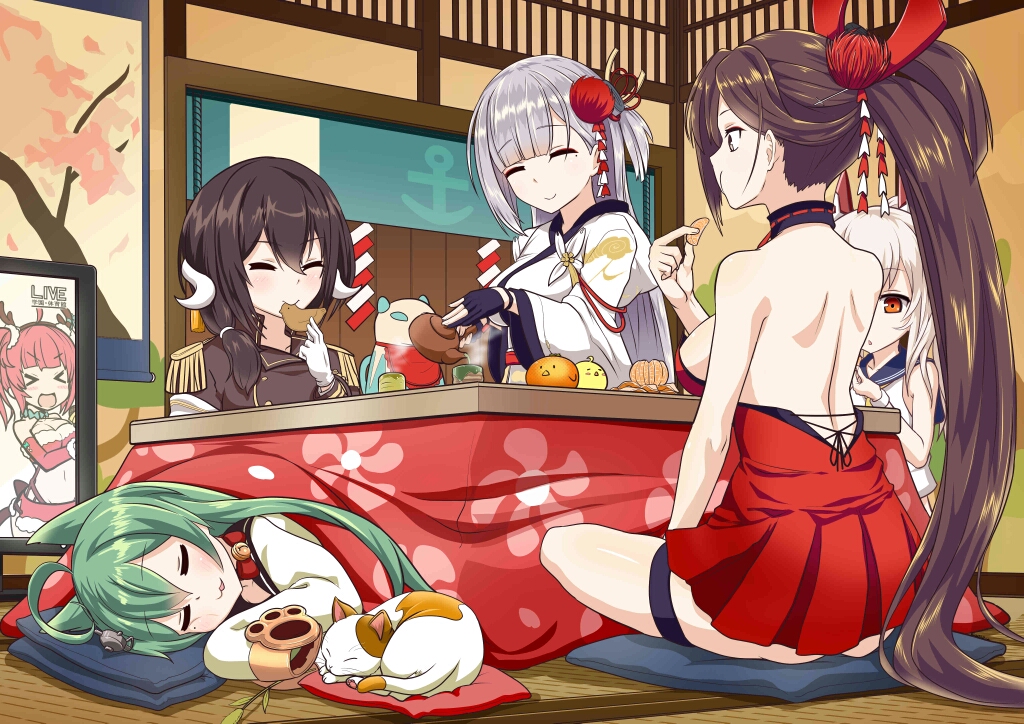 &gt;_&lt; 5girls :3 :t ^_^ ahoge akashi_(azur_lane) alternate_costume animal_ears antlers ayanami_(azur_lane) azur_lane bare_shoulders bell bird black_gloves black_hair blush_stickers breasts brown_hair cat cat_ears chick cleavage closed_eyes cup cushion eating epaulettes eyebrows_visible_through_hair food fruit gloves green_hair green_tea hair_ornament horns japanese_clothes kotatsu long_hair long_sleeves low_ponytail lying mandarin_orange medium_breasts mikasa_(azur_lane) military military_uniform mole mole_under_eye multiple_girls partly_fingerless_gloves paw_print ponytail red_eyes redhead robisonjr san_diego_(azur_lane) santa_costume school_uniform serafuku shoukaku_(azur_lane) sideboob silver_hair sitting sleeping sleeves_past_wrists smile table tea teapot twintails uniform white_gloves white_hair wide_sleeves wristband yunomi zuikaku_(azur_lane)