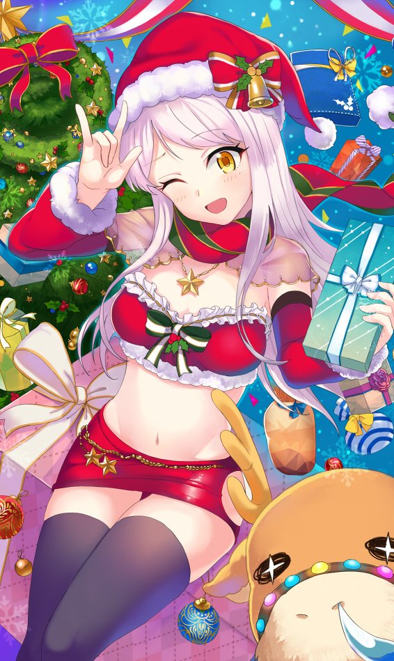 1girl \m/ ashita_(2010) bell black_legwear blitzen blush breasts capelet eve_santaclaus hat idolmaster idolmaster_cinderella_girls jewelry jingle_bell long_hair looking_at_viewer medium_breasts navel necklace one_eye_closed open_mouth reindeer santa_hat smile snot solo star thigh-highs white_hair yellow_eyes