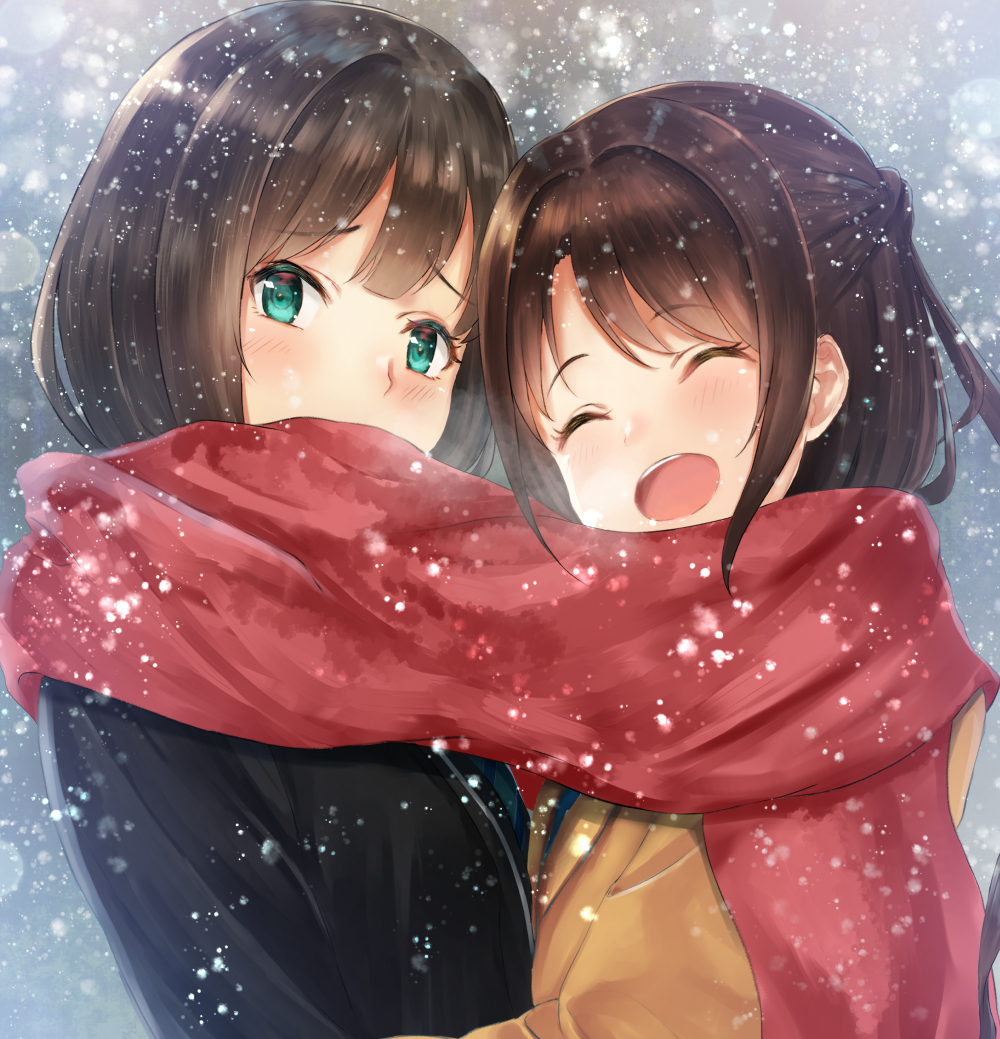 2girls bangs brown_hair cardigan closed_eyes eyebrows_visible_through_hair green_eyes idolmaster idolmaster_cinderella_girls irohakaede long_hair looking_at_viewer maekawa_miku multiple_girls open_mouth scarf school_uniform shared_scarf shibuya_rin shimamura_uzuki snowing