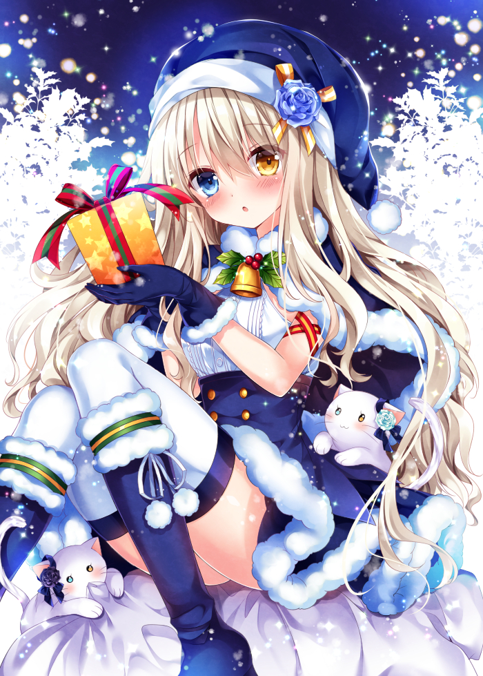 1girl :3 :o animal bangs bell biting blue_capelet blue_eyes blue_footwear blue_gloves blue_hat blue_rose blue_skirt blush boots box breasts cat closed_mouth commentary_request eyebrows_visible_through_hair flower fur-trimmed_boots fur-trimmed_capelet fur-trimmed_gloves fur-trimmed_skirt fur_trim gift gift_box gloves hair_between_eyes hat head_tilt heterochromia holding holding_gift holly knee_boots light_brown_hair long_hair looking_at_viewer mouth_hold nogi_takayoshi original parted_lips pom_poms purple_rose rose sack santa_costume shirt sitting sitting_on_object skirt sleeveless sleeveless_shirt small_breasts solo star star_print thighhighs_under_boots underbust very_long_hair white_legwear white_shirt yellow_eyes