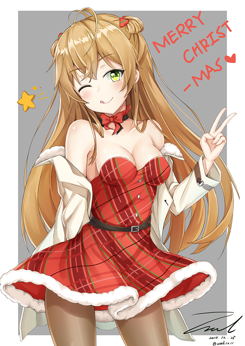 1girl ;d arm_behind_back armpit_peek bangs bare_shoulders belt blush boots bow bow_choker breasts brown_hair brown_legwear buckle choker christmas christmas_ornaments cleavage coat collarbone dated double_bun dress duffel_coat eyebrows_visible_through_hair fur_trim girls_frontline green_eyes hair_bow hand_up head_tilt long_hair looking_at_viewer medium_breasts one_eye_closed open_clothes open_coat open_mouth pantyhose red_bow red_dress rfb_(girls_frontline) santa_costume signature smile solo standing star thighs twitter_username unel1211 v