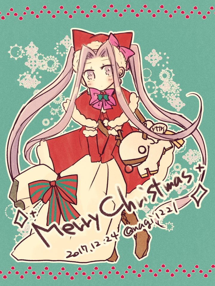 1girl amato_nagi bag boots bow cloak commentary_request doll elbow_gloves fate/grand_order fate_(series) gloves grabbing green_background hat holding holding_bag long_hair medusa_(lancer)_(fate) mistletoe pink_bow red_gloves red_nose reindeer rider skirt solo striped striped_bow twintails twitter_username very_long_hair violet_eyes