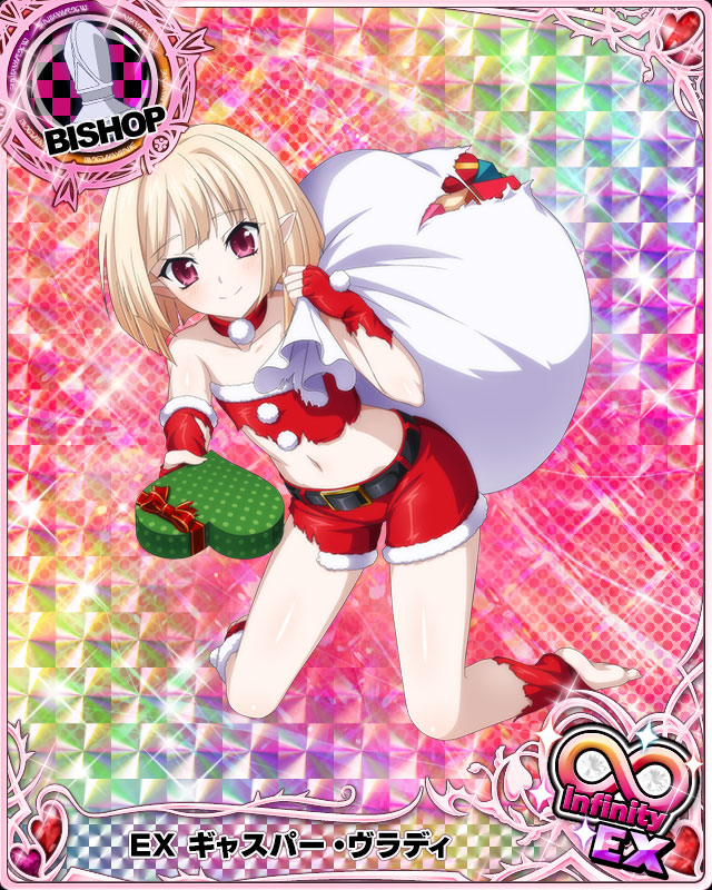 1boy bishop_(chess) blonde_hair card_(medium) character_name chess_piece dress gasper_vladi gloves high_school_dxd pointy_ears red_eyes santa_costume santa_gloves short_hair smile torn_clothes trading_card trap white_dress