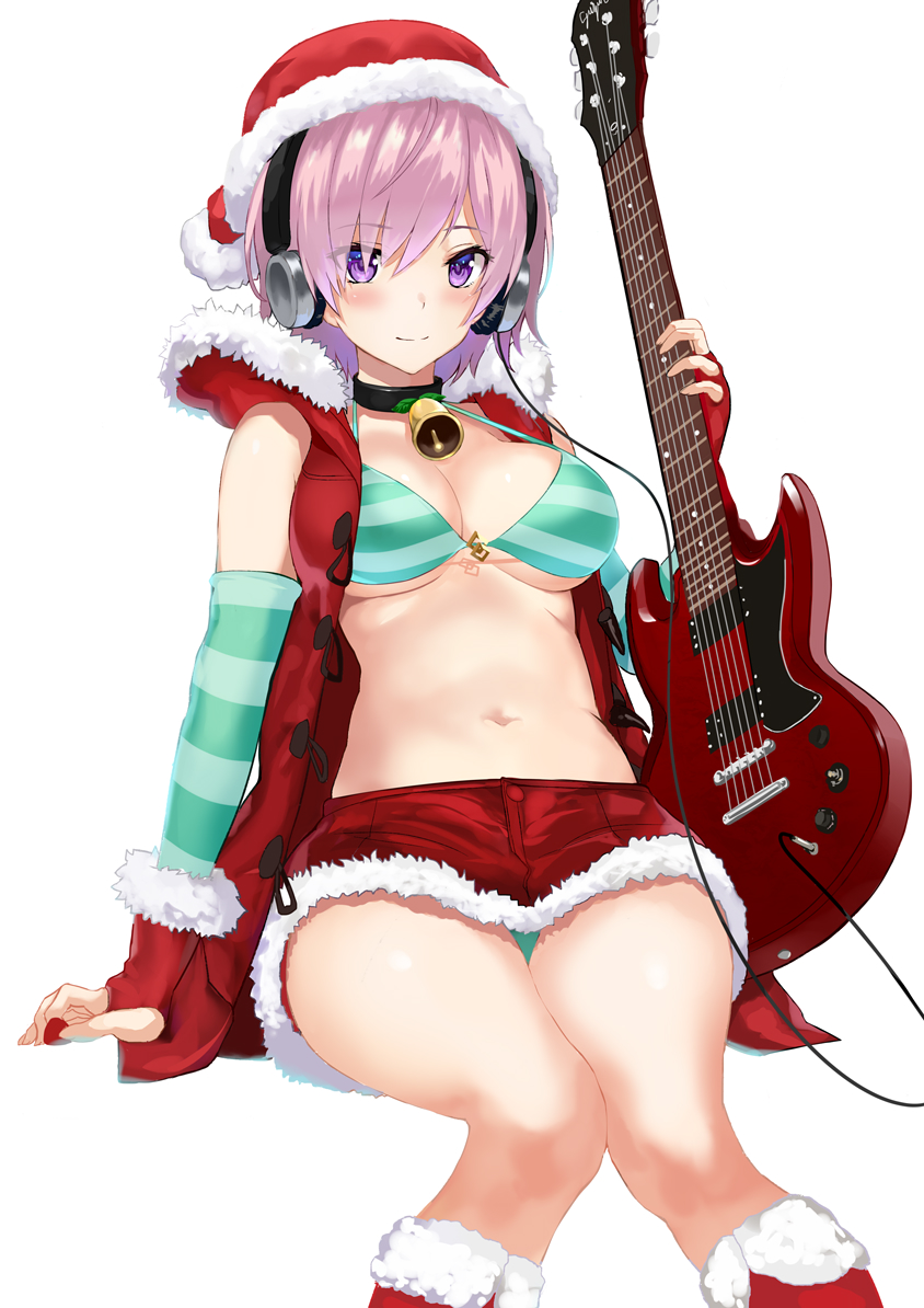 1girl bangs bikini blush breasts christmas closed_mouth coat detached_sleeves duffel_coat eyebrows_visible_through_hair fate/grand_order fate_(series) fur_trim guitar hat headphones instrument jirusu knees_together_feet_apart large_breasts looking_at_viewer mash_kyrielight miniskirt open_clothes open_coat red_skirt santa_hat short_hair sitting skirt smile solo striped striped_bikini swimsuit thighs