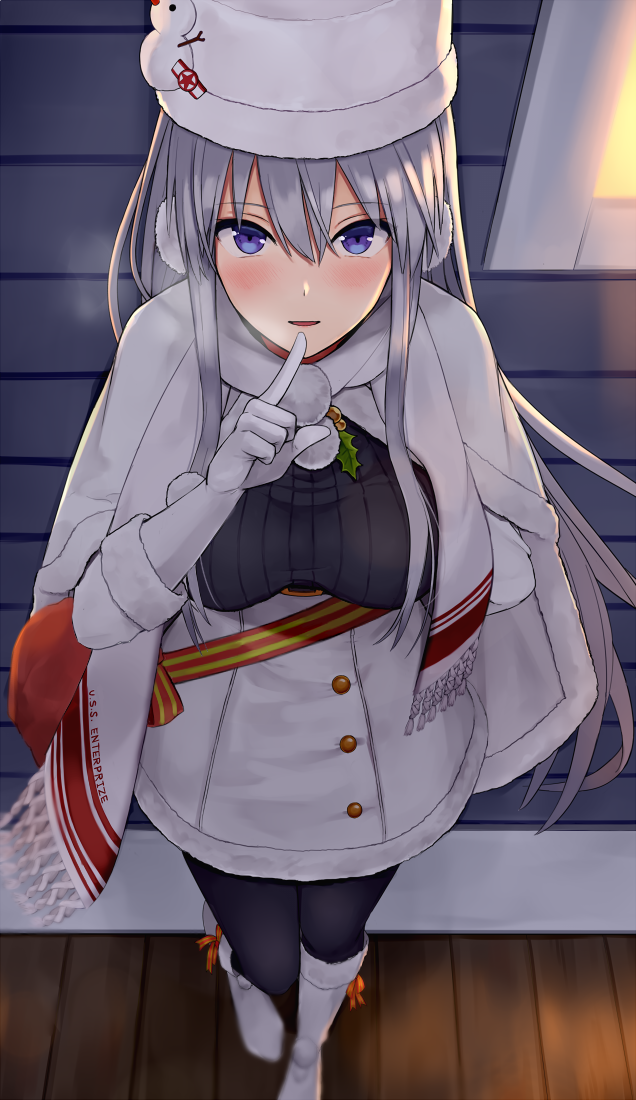 1girl azur_lane bangs blush breasts breath buttons character_name coat earmuffs enterprise_(azur_lane) enterprise_(reindeer_master)_(azur_lane) eyebrows_visible_through_hair finger_to_mouth floating_hair from_above gloves hat kinokorec looking_at_viewer night outdoors parted_lips pom_pom_(clothes) pov scarf silver_hair solo standing violet_eyes wall white_coat white_footwear white_gloves white_hat white_scarf window winter winter_clothes winter_coat wooden_floor