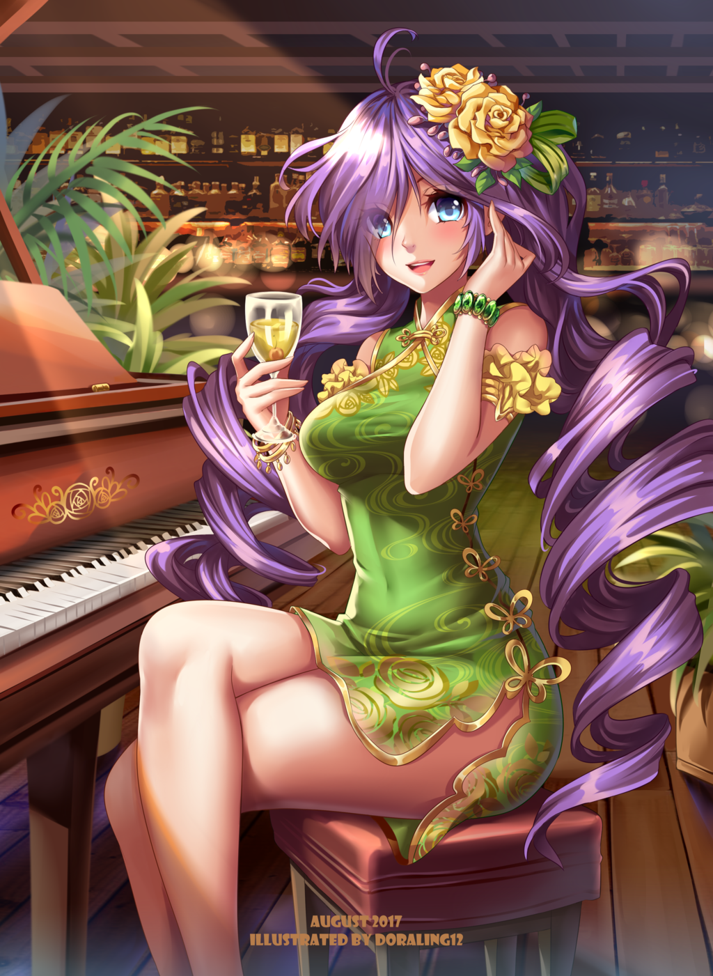 1girl alcohol artist_name bangs bar blue_eyes blush borrowed_character breasts commentary commission covered_navel cup dated dress drill_hair drinking_glass eyes_visible_through_hair flower green_dress hair_between_eyes hair_flower hair_ornament hair_over_one_eye highres holding holding_drinking_glass indoors instrument leaf legs_crossed lens_flare ling_(doraling12) long_hair looking_at_viewer medium_breasts original piano purple_hair rose rose_in_hair solo stool twin_drills very_long_hair yellow_rose