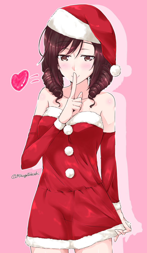 1girl alternate_costume arm_warmers bare_shoulders breasts brown_eyes brown_hair dress finger_to_mouth harukaze_(kantai_collection) hat heart kantai_collection looking_at_viewer medium_breasts mikage_takashi red_dress santa_costume santa_hat smile solo twitter_username