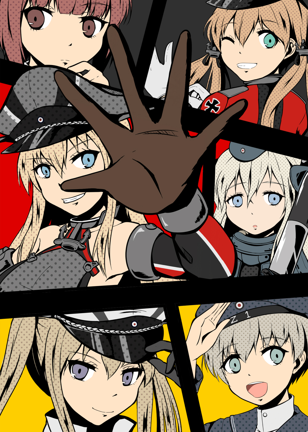 6+girls :d ;d anchor_hair_ornament aqua_eyes bismarck_(kantai_collection) blue_eyes brown_eyes brown_hair commentary_request detached_sleeves dress garrison_cap graf_zeppelin_(kantai_collection) hair_ornament hat high_five highres kantai_collection light_brown_hair long_hair looking_at_viewer multiple_girls one_eye_closed open_mouth parted_lips peaked_cap prinz_eugen_(kantai_collection) sailor_dress short_hair silver_hair smile torpedo twintails u-511_(kantai_collection) violet_eyes yukimi_unagi z1_leberecht_maass_(kantai_collection) z3_max_schultz_(kantai_collection)