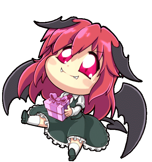 1girl animated animated_gif bat_wings black_footwear blush_stickers chibi commentary daniel_renard demon_girl demon_tail demon_wings dress dress_shirt fangs flapping gift head_wings holding holding_gift koakuma long_hair necktie red_eyes red_neckwear redhead shirt shoes skirt skirt_set socks solo succubus tail touhou transparent_background vest white_legwear wings