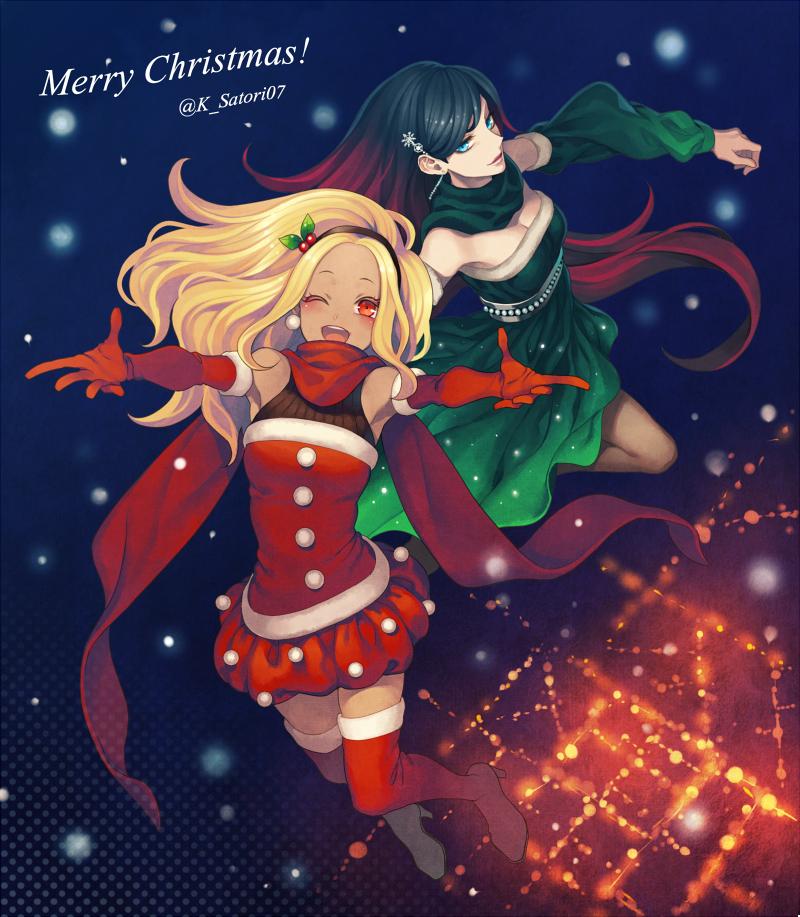 2girls bag bare_shoulders black_hair blonde_hair blue_eyes blush breasts christmas crow_(gravity_daze) dark_skin flaxvivi gravity_daze gravity_daze_2 hairband hat k_satori07 kitten_(gravity_daze) long_hair looking_at_viewer medium_breasts merry_christmas multicolored_hair navel open_mouth red_eyes redhead santa_costume scarf smile