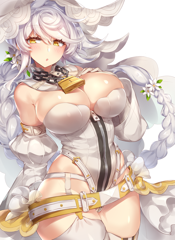 1girl asymmetrical_hair bangs bare_shoulders belt belt_buckle blush braid breasts bridal_veil buckle chain_necklace chains cleavage commentary_request cosplay detached_collar detached_sleeves fate/extra fate/extra_ccc fate_(series) flower garter_straps gloves hair_flower hair_ornament hand_on_own_chest highleg highleg_leotard hips jitome kantai_collection large_breasts leaf leotard lock long_hair looking_at_viewer nero_claudius_(bride)_(fate) nero_claudius_(bride)_(fate)_(cosplay) nero_claudius_(fate) nero_claudius_(fate)_(all) open_mouth padlock puffy_sleeves silver_hair simple_background single_braid solo swept_bangs thigh-highs unryuu_(kantai_collection) veil very_long_hair waist wavy_hair white_background white_gloves white_legwear white_leotard wide_hips yamaarashi yellow_eyes zipper zipper_pull_tab