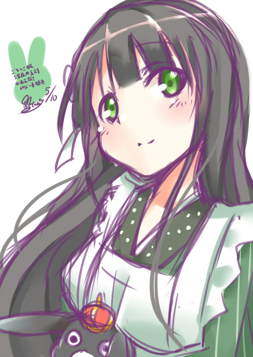 1girl ama_usa_an_uniform animal anko_(gochiusa) apron bangs black_hair blunt_bangs breasts closed_mouth crown dated eyebrows_visible_through_hair flower gochuumon_wa_usagi_desu_ka? green_eyes green_kimono hair_flower hair_ornament hetareeji highres japanese_clothes kimono long_hair looking_at_viewer maid_apron mini_crown polka_dot_trim rabbit ribbon signature sketch small_breasts smile striped translation_request ujimatsu_chiya upper_body vertical-striped_kimono vertical_stripes white_apron white_background white_flower white_ribbon