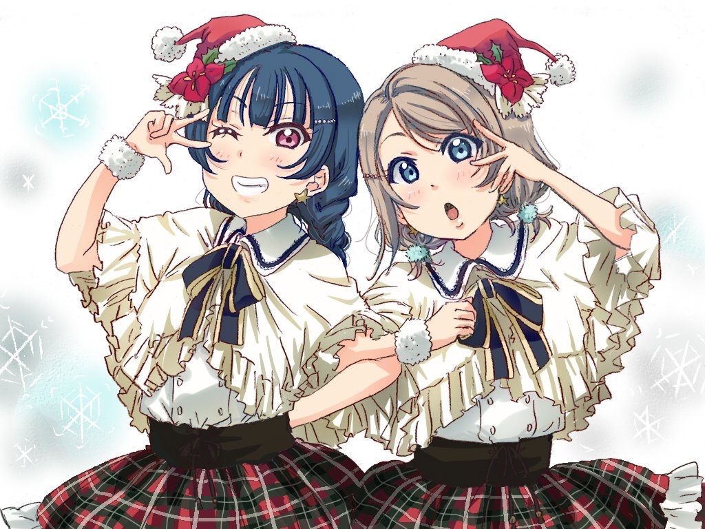 2girls :o alternate_hairstyle arm_behind_back blue_eyes blue_hair braid clenched_hand double-breasted earrings flower frilled_capelet frilled_skirt frills grey_hair grin hair_ornament hairpin hat holly jewelry locked_arms looking_at_viewer love_live! love_live!_sunshine!! low_twintails multiple_girls neck_ribbon one_eye_closed plaid plaid_skirt poinsettia ribbon rippe santa_hat short_hair short_twintails skirt smile star star_earrings tsushima_yoshiko twintails v-shaped_eyebrows violet_eyes w_over_eye watanabe_you
