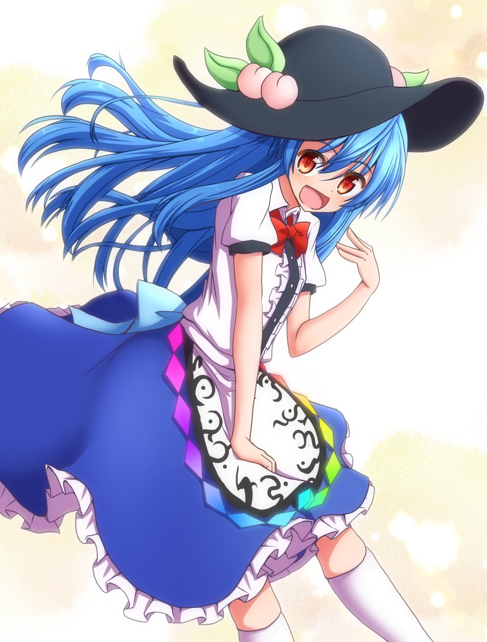 1girl :d bangs black_hat blue_hair blue_skirt blush bow bowtie brown_eyes commentary_request cowboy_shot eyebrows_visible_through_hair fang food fruit hair_between_eyes hat highres hinanawi_tenshi kneehighs leaf long_hair looking_at_viewer open_mouth peach red_neckwear shide short_sleeves sidelocks skirt smile solo teoi_(good_chaos) touhou white_legwear