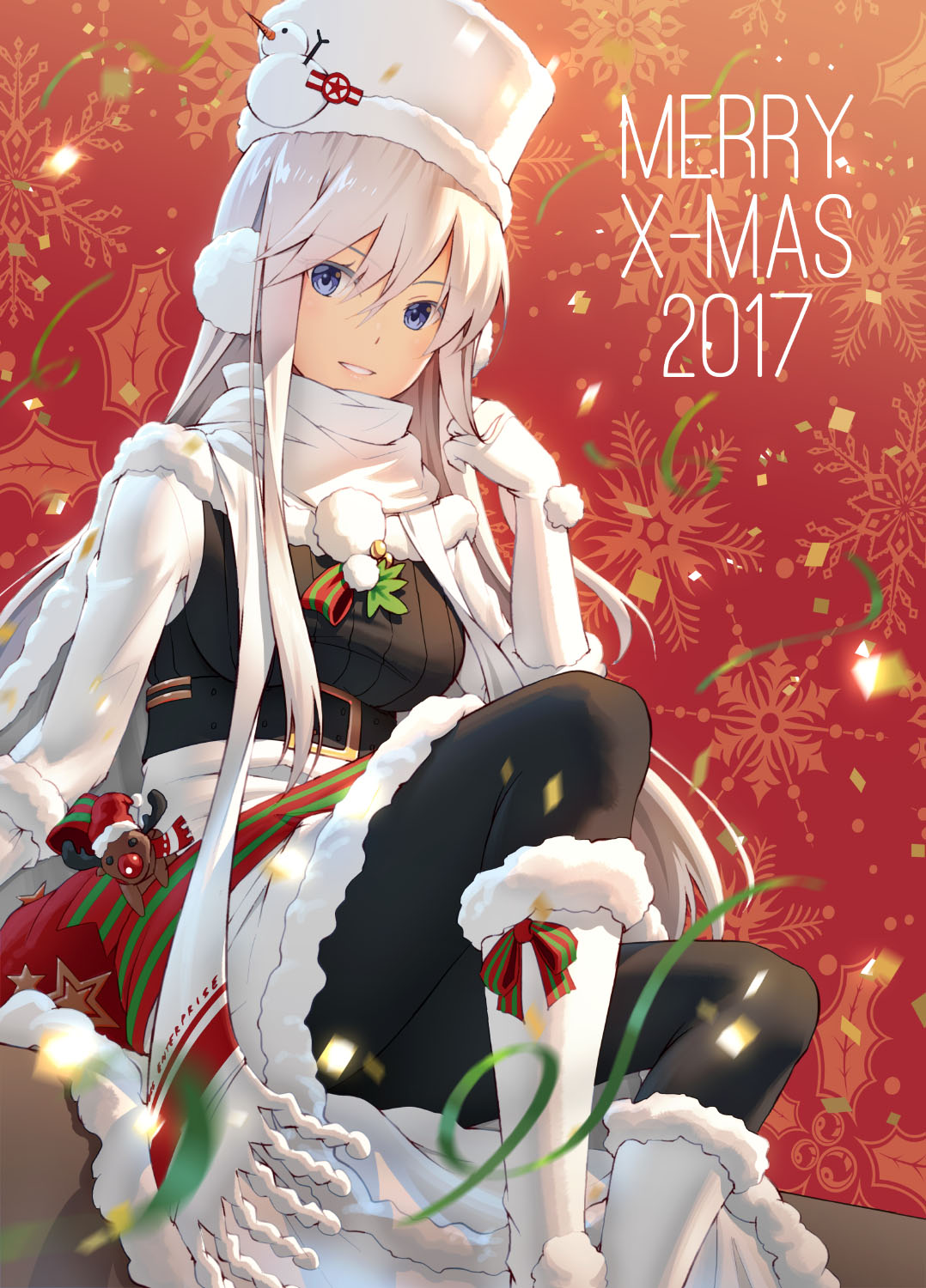 1girl 2017 azur_lane bangs belt blue_eyes breasts character_name christmas coat earmuffs enterprise_(azur_lane) enterprise_(reindeer_master)_(azur_lane) eyebrows_visible_through_hair floating_hair gloves hat highres long_hair looking_at_viewer merry_christmas pinakes playing_with_own_hair pom_pom_(clothes) scarf silver_hair sitting smile solo stuffed_deer underbust very_long_hair white_footwear white_gloves white_hat white_scarf winter_clothes winter_coat