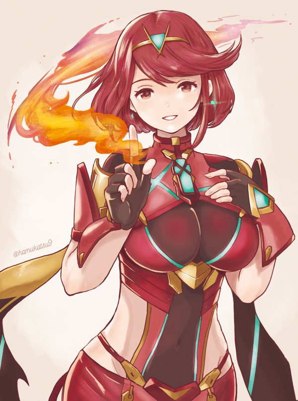 1girl blush breasts covered_navel earrings fingerless_gloves fire gloves hair_ornament pyra_(xenoblade) jewelry large_breasts looking_at_viewer ma-hain-scarlet red_eyes redhead short_hair shorts sidelocks simple_background smile solo tiara white_background xenoblade xenoblade_2