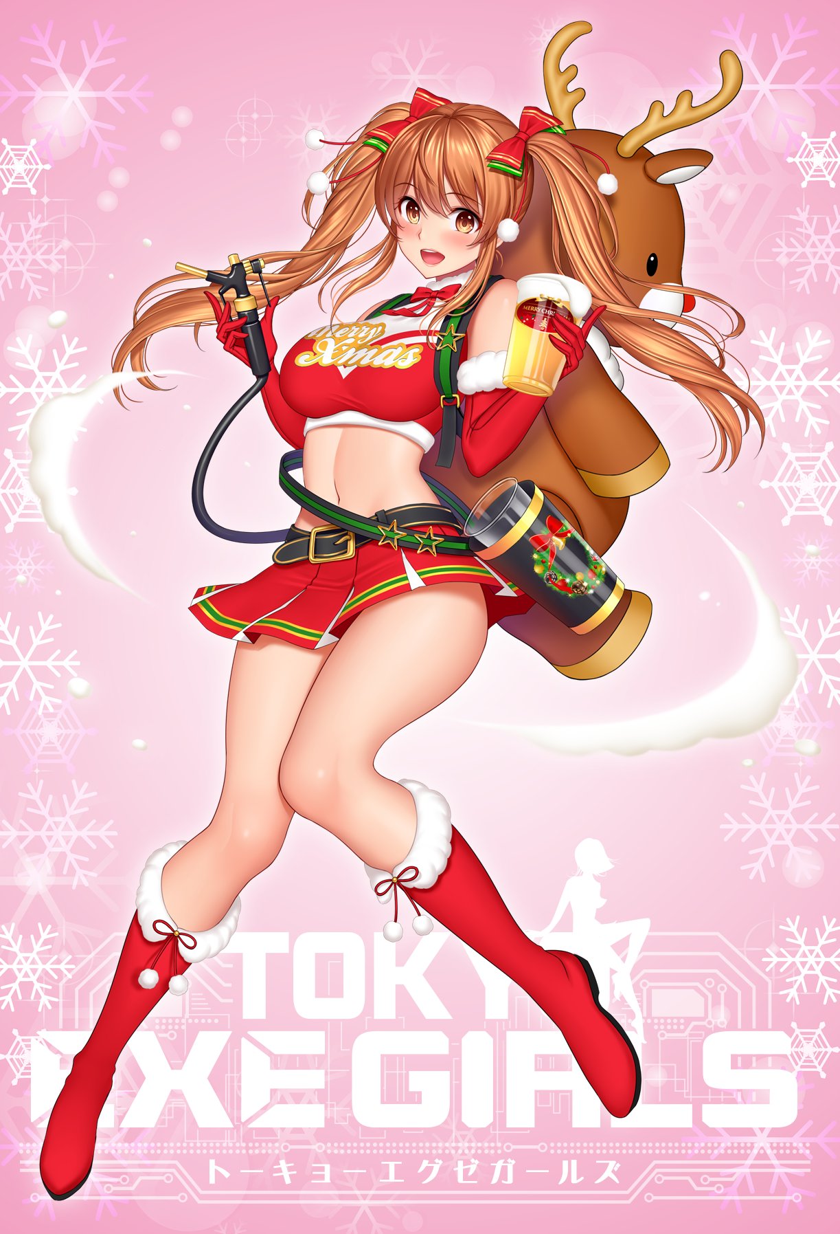 1girl alcohol bangs beer beltskirt blush boots bow breasts brown_eyes brown_hair christmas commentary_request elbow_gloves eyebrows_visible_through_hair full_body fur_trim gloves gradient gradient_background hair_bow hat highres holding knee_boots large_breasts logo long_hair looking_at_viewer miniskirt navel official_art open_mouth pom_pom_(clothes) red_footwear red_gloves santa_costume santa_hat shimashima08123 skirt sleeveless smile snowflake_background tokyo_exe_girls