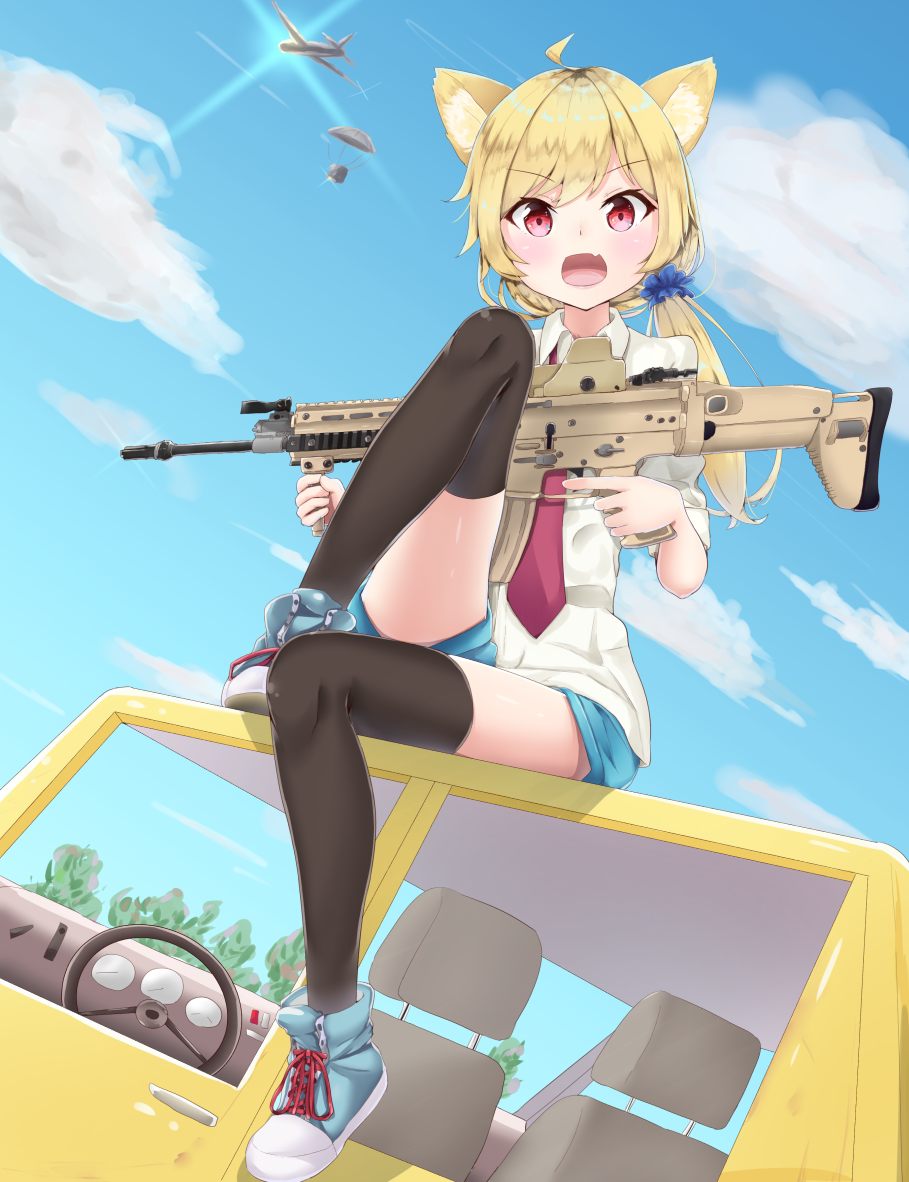 1girl ahoge aircraft airplane animal_ears assault_rifle bangs black_legwear blue_eyes blue_footwear blue_shorts blue_sky car car_interior cat_ears clouds cloudy_sky collared_shirt commentary_request day dress_shirt dropping eyebrows_visible_through_hair fang flying fn_scar glint ground_vehicle gun hair_ornament hair_scrunchie holding holding_weapon k_mugura knee_up long_hair looking_at_viewer low_twintails military military_vehicle motor_vehicle necktie open_mouth original outdoors playerunknown's_battlegrounds red_eyes red_neckwear rifle scrunchie shirt shoelaces short_shorts shorts sitting sky solo steering_wheel thigh-highs tree trigger_discipline twintails weapon white_shirt
