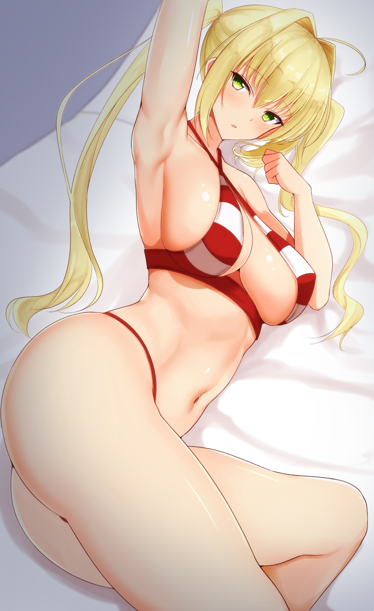 1girl ahoge armpits bed_sheet bikini blonde_hair breasts fate/grand_order fate_(series) green_eyes highres large_breasts long_hair lying navel nero_claudius_(fate)_(all) nero_claudius_(swimsuit_caster)_(fate) noeomi on_side solo striped striped_bikini swimsuit twintails