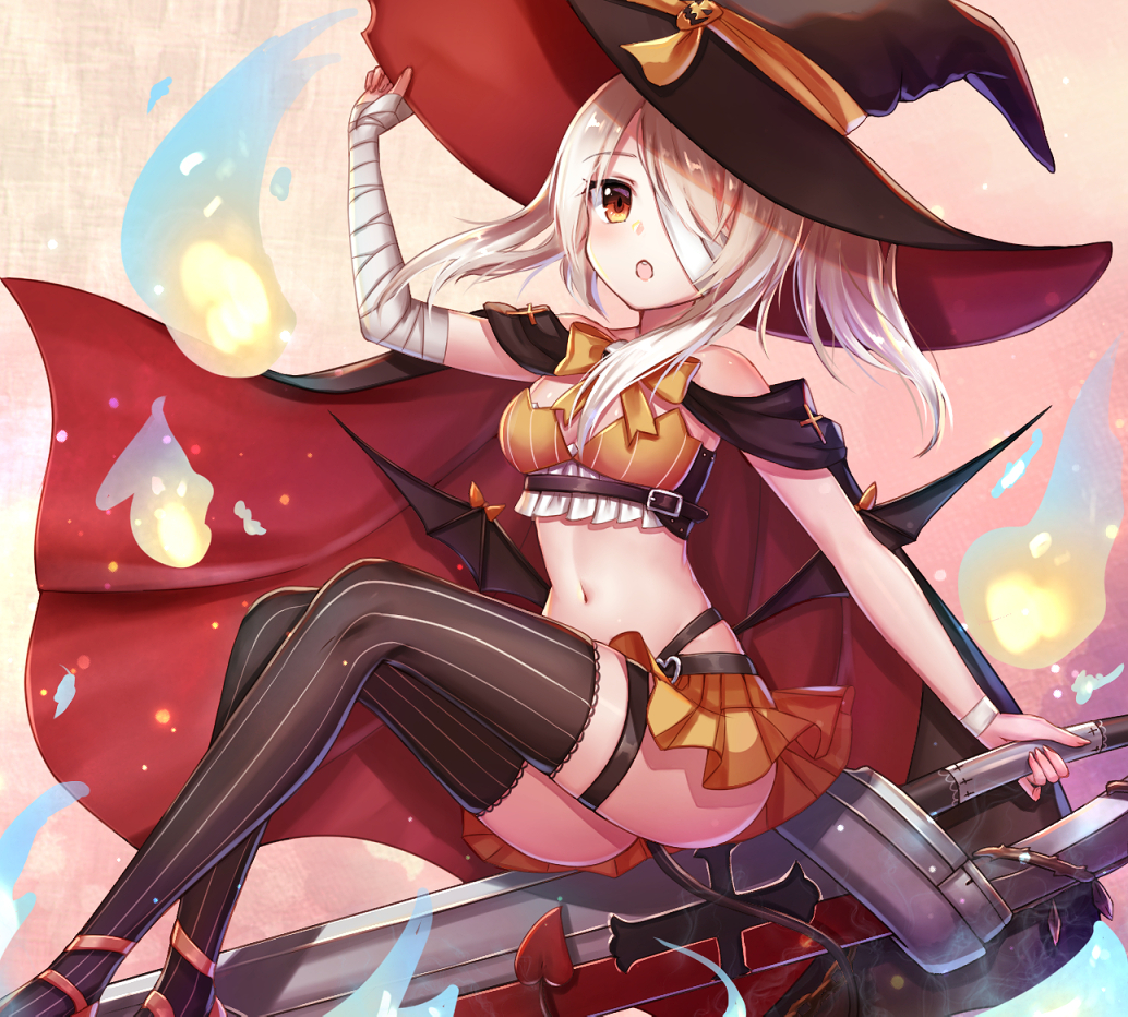 1girl adjusting_clothes adjusting_hat ass ayanami_(azur_lane) azur_lane bandage bandage_on_face bandage_over_one_eye bandaged_arm bat_wings black_legwear cape commentary_request dolce_(dolsuke) halloween hat long_hair looking_at_viewer navel open_mouth orange_background pleated_skirt ponytail silver_hair skirt solo striped striped_legwear sword thigh-highs vertical_stripes weapon wings witch_hat zettai_ryouiki
