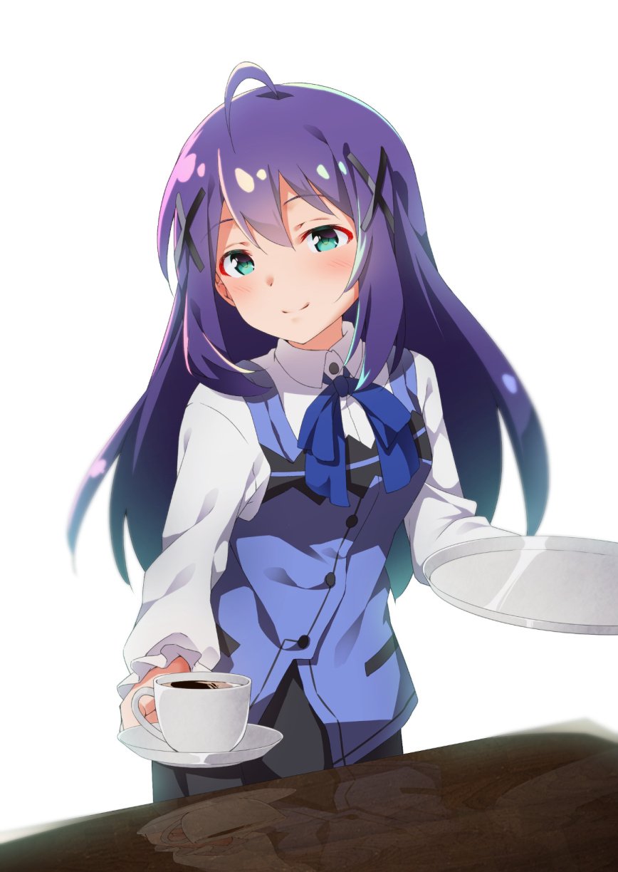 1girl blue_ribbon blue_vest cosplay cowboy_shot gochuumon_wa_usagi_desu_ka? green_eyes hair_between_eyes highres idolmaster idolmaster_million_live! long_hair looking_at_viewer mochizuki_anna purple_hair rabbit_house_uniform ribbon simple_background smile solo table tedeza_rize tedeza_rize_(cosplay) vest waitress white_background yuukyan_(ucan85)