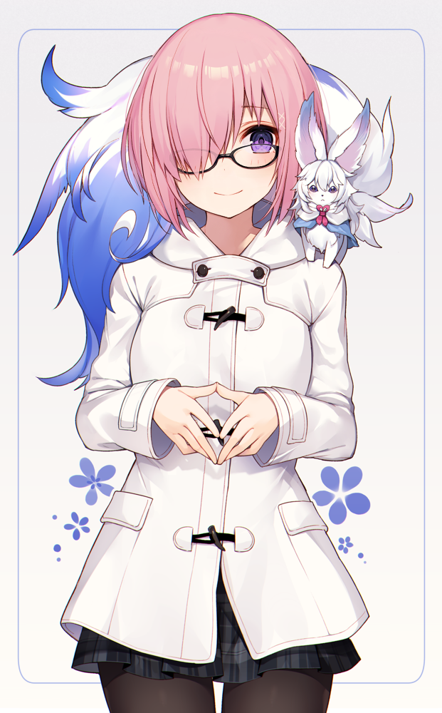 alternate_costume black-framed_eyewear black_legwear black_skirt closed_mouth cowboy_shot creature creature_on_shoulder duffel_coat fate/grand_order fate_(series) fingers_together floral_background fou_(fate/grand_order) glasses grey_background hair_over_one_eye long_sleeves looking_at_viewer mash_kyrielight miniskirt muryotaro on_shoulder pantyhose pink_hair plaid plaid_skirt pleated_skirt shiny shiny_hair short_hair skirt smile standing under-rim_eyewear violet_eyes white_coat