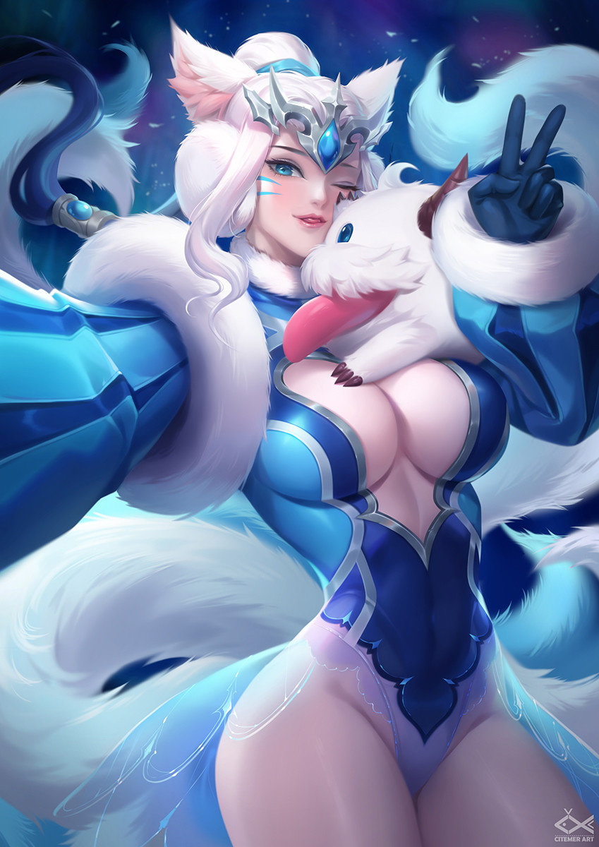 1girl ;p ahri animal_ears blue_eyes breasts center_opening citemer cleavage covered_navel cowboy_shot forehead_jewel fox_ears fox_girl fox_tail fur_collar fur_trim gloves groin highleg highleg_leotard highres large_breasts league_of_legends leotard long_hair long_sleeves looking_at_viewer one_eye_closed outstretched_arm ponytail poro_(league_of_legends) see-through skirt smile tail tongue tongue_out v whisker_markings white_hair