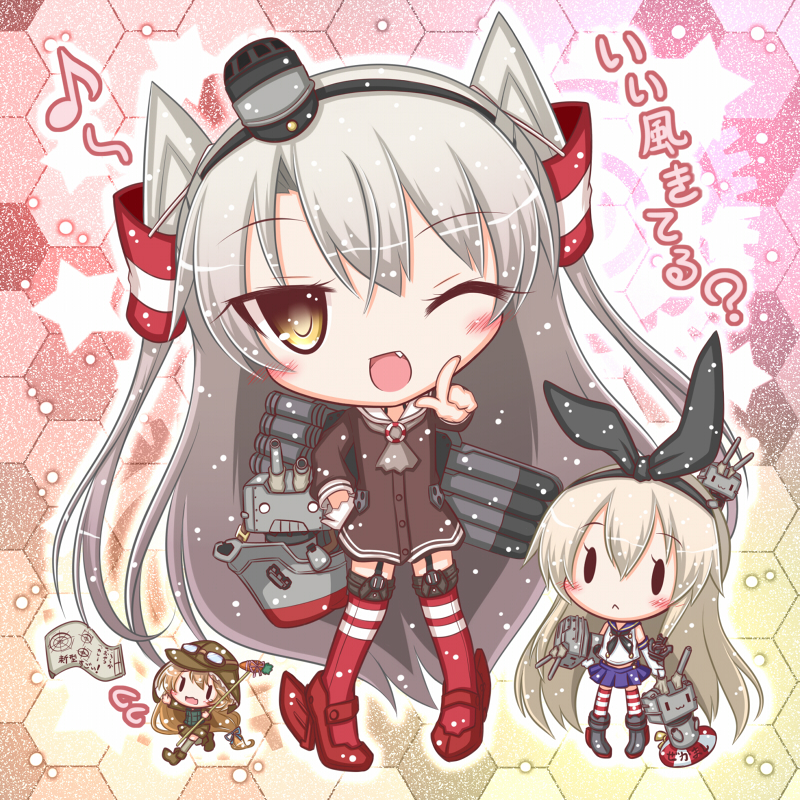 3girls :&lt; ;d amatsukaze_(kantai_collection) aviator_cap bangs black_neckwear blue_skirt brown_dress brown_skirt closed_mouth commentary_request crop_top dress elbow_gloves eyebrows_visible_through_hair fairy_(kantai_collection) fang flying_sweatdrops garter_straps gloves goggles goggles_on_headwear green_shirt hair_between_eyes hair_tubes hand_on_hip head_tilt high_heels honeycomb_(pattern) honeycomb_background index_finger_raised kantai_collection komakoma_(magicaltale) lifebuoy light_brown_hair long_hair looking_at_viewer map miniskirt multiple_girls musical_note neckerchief one_eye_closed open_mouth outstretched_arm pleated_skirt quaver red_footwear red_legwear rensouhou-chan rensouhou-kun rudder_shoes running sailor_dress school_uniform serafuku shimakaze_(kantai_collection) shirt short_dress silver_hair single_glove skirt sleeveless sleeveless_shirt smile smokestack standing striped striped_legwear thigh-highs translation_request two_side_up very_long_hair wavy_mouth white_gloves white_shirt windsock yellow_eyes