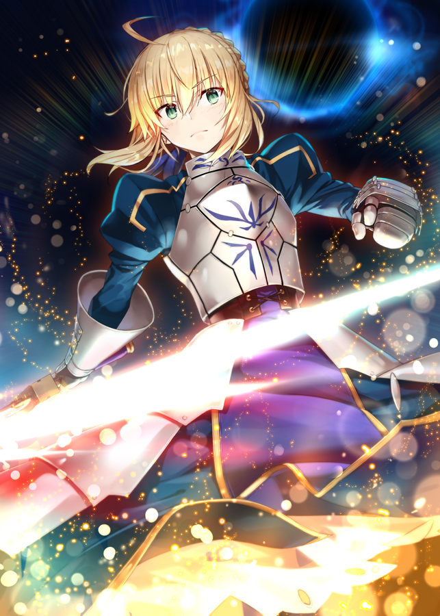 1girl ahoge armor armored_dress artoria_pendragon_(all) bangs blonde_hair blue_dress braid breastplate closed_mouth commentary_request dress eclipse excalibur eyebrows_visible_through_hair fate/grand_order fate/stay_night fate_(series) faulds floating_hair french_braid gabiran gauntlets glowing glowing_sword glowing_weapon green_eyes hair_between_eyes hair_bun hand_up holding holding_sword holding_weapon juliet_sleeves light_particles long_dress long_sleeves looking_at_viewer puffy_sleeves saber serious shiny shiny_hair short_hair sidelocks solo standing sword weapon wind