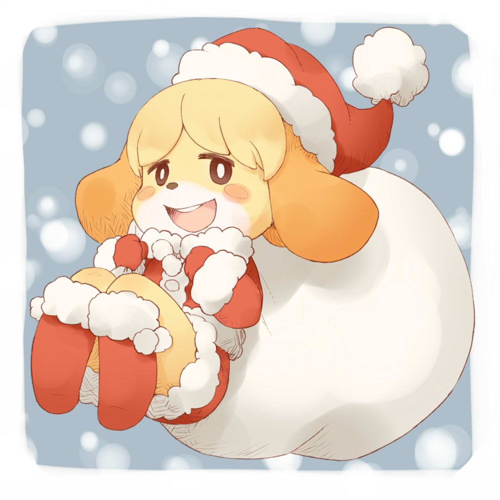 1girl animal_ears bag blush_stickers christmas dog dog_ears doubutsu_no_mori half-closed_eyes hat hondarai looking_at_viewer no_humans open_mouth round_teeth shizue_(doubutsu_no_mori) smile teeth