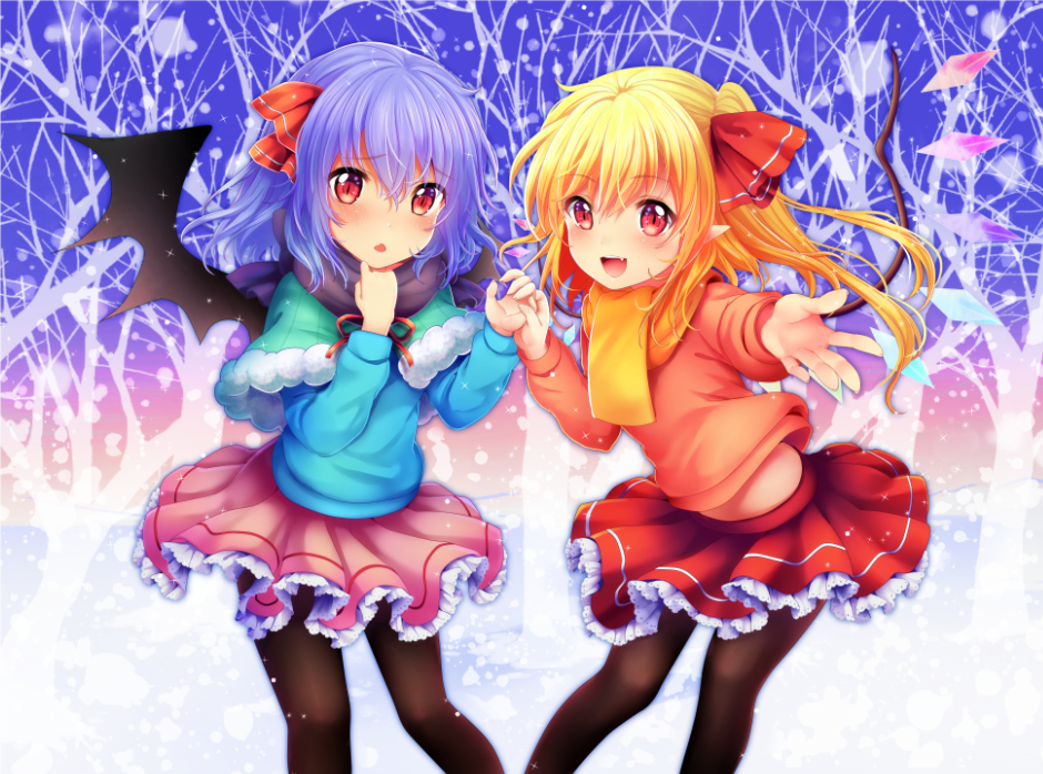 2girls :d alternate_costume bangs black_legwear blonde_hair blush capelet cowboy_shot crystal flandre_scarlet foreshortening frilled_skirt frills fur_trim hair_ribbon hand_holding looking_at_viewer miniskirt multiple_girls no_hat no_headwear open_mouth pantyhose pink_skirt pointy_ears purple_hair reaching_out red_eyes red_ribbon red_skirt remilia_scarlet ribbon rimu_(kingyo_origin) scarf short_hair siblings side_ponytail sisters skirt slit_pupils smile snowing sweater touhou tree_shade triangle_mouth wings yellow_scarf