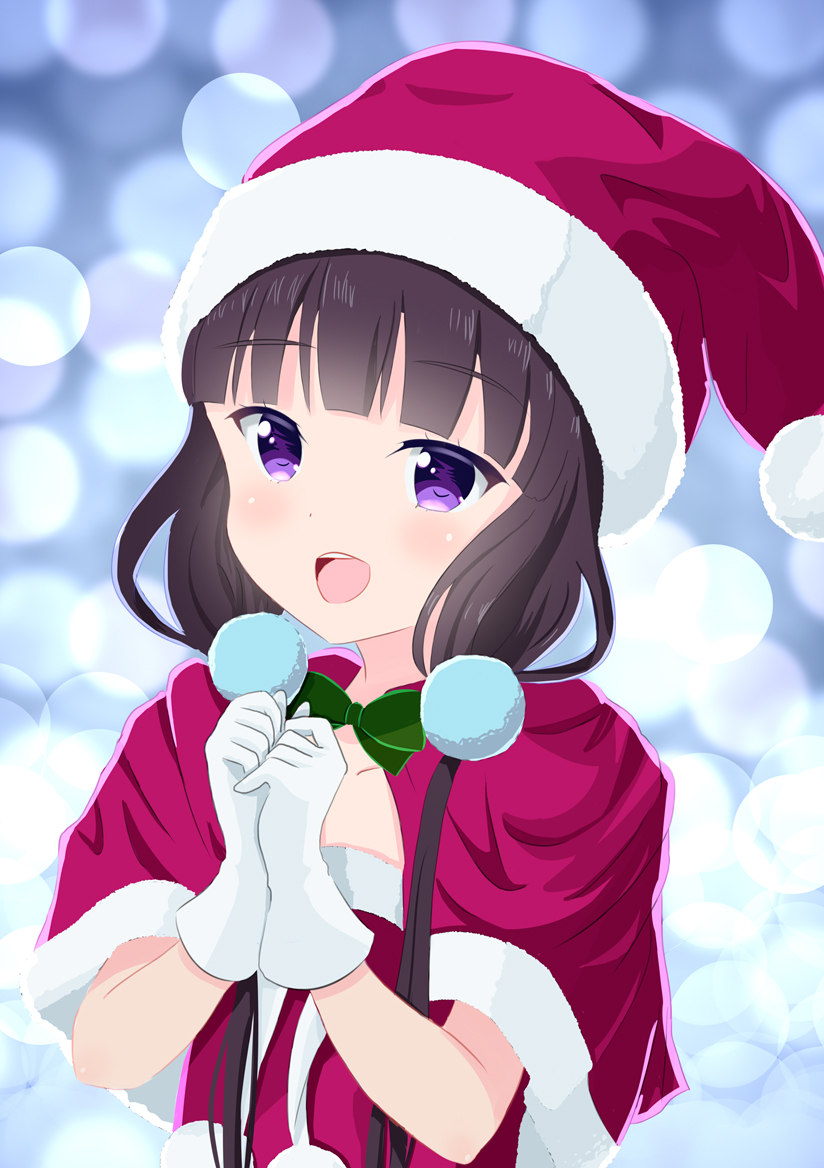 1girl :d blend_s blush bow bowtie brown_hair christmas collarbone commentary_request eyebrows_visible_through_hair gloves green_neckwear hands_together hat long_hair looking_at_viewer low_twintails open_mouth sakuranomiya_maika santa_costume santa_hat short_sleeves smile solo teeth twintails upper_body upper_teeth violet_eyes white_gloves yutsuki_warabi