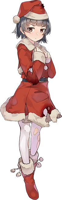 1girl alternate_costume arare_(kantai_collection) black_hair brown_eyes burnt_clothes christmas hat kantai_collection konishi_(koconatu) official_art santa_costume santa_hat short_hair torn_clothes