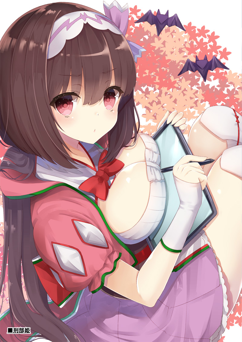 1girl bangs bat blush bow bowtie breast_lift breast_press breasts brown_hair cleavage drawing_tablet eyebrows_visible_through_hair fate/grand_order fate_(series) floral_background hairband high-waist_skirt holding knees_up large_breasts long_hair looking_at_viewer looking_to_the_side osakabe-hime_(fate/grand_order) over-kneehighs pink_skirt red_bow red_eyes red_neckwear shiny shiny_hair shiny_skin short_sleeves sitting skirt solo stylus tareme thigh-highs thighs two-tone_hairband very_long_hair white_legwear yuzu-aki