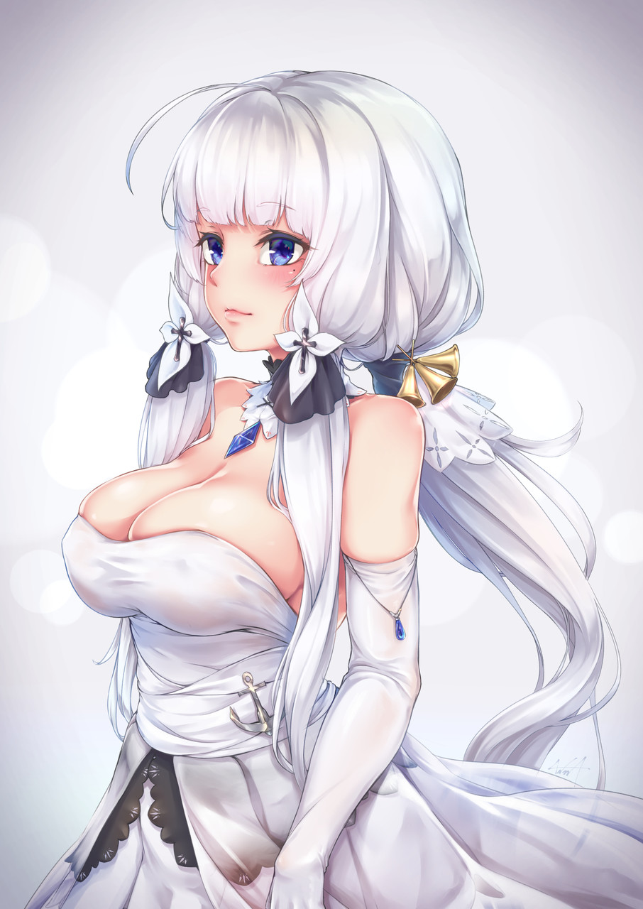 1girl ahoge azur_lane bangs bare_shoulders black_bow blue_eyes blunt_bangs blush bow breasts cleavage closed_mouth collarbone detached_collar dress elbow_gloves eyebrows_visible_through_hair eyelashes flower gem gloves hair_flower hair_ornament hair_tie highres illustrious_(azur_lane) jewelry kurofude_anastasia large_breasts lavender_hair lips long_hair looking_away low-tied_long_hair low_ponytail low_twintails mole mole_under_eye nose pink_lips shiny shiny_skin sidelocks skindentation smile strapless strapless_dress twintails very_long_hair white_dress white_gloves white_hair white_legwear