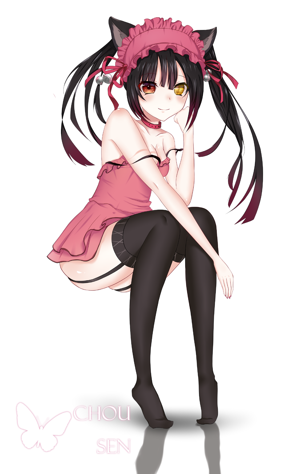 1girl animal_ears bare_shoulders bell black_hair black_legwear blush breasts cat_ears cleavage clock_eyes collar collarbone date_a_live dress full_body garter_straps hairband hand_on_own_cheek heterochromia highres lolita_hairband long_hair looking_at_viewer nail_polish red_dress red_eyes red_nails simple_background sitting small_breasts smile solo spaghetti_strap strap_slip symbol-shaped_pupils thigh-highs tiptoes tokisaki_kurumi twintails yellow_eyes