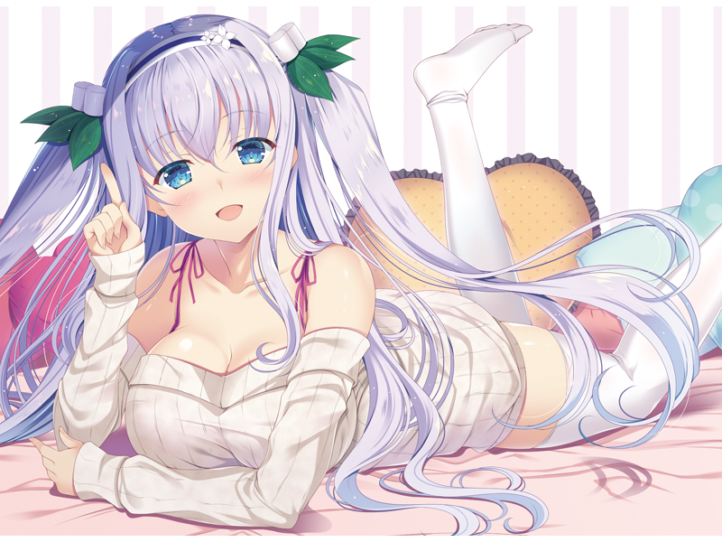 1girl :d bangs bare_shoulders bed_sheet blue_eyes blush breasts cleavage collarbone dress eyebrows_visible_through_hair flower_knight_girl frilled_pillow frills grey_dress hair_ornament hairband heart heart_pillow index_finger_raised kinutasou_(flower_knight_girl) large_breasts lavender_hair leaf_hair_ornament leg_up long_hair long_sleeves looking_at_viewer naruse_mamoru off-shoulder_sweater open_mouth pillow polka_dot red_ribbon ribbon sidelocks sleeves_past_wrists smile solo striped sweater sweater_dress tareme thigh-highs twintails two-tone_hairband vertical-striped_background vertical_stripes very_long_hair white_legwear zettai_ryouiki
