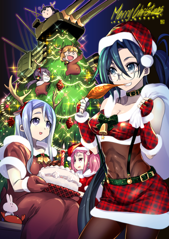 &gt;:d 6+girls :o abs ahoge akebono_(kantai_collection) amagiri_(kantai_collection) animal_costume antlers bandaid bandaid_on_face bell black_hair blue_eyes blue_hair bow breasts bunny_hair_ornament cake cannon chibi choker christmas_tree cleavage commentary_request crab eating fang fingerless_gloves food fur-trimmed_gloves fur-trimmed_skirt fur_trim gift_bag glasses gloves hair_bell hair_ornament hat holding_cake kantai_collection light_brown_hair merry_christmas mittens multiple_girls o_o oboro_(kantai_collection) over_shoulder pantyhose pink_eyes pink_hair plaid purple_hair rabbit reindeer_antlers reindeer_costume sagiri_(kantai_collection) santa_costume santa_hat sazanami_(kantai_collection) silver_hair sitting sumeragi_hamao suspenders torpedo_tubes turkey_(food) turret ushio_(kantai_collection)