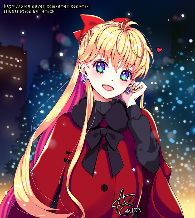 1girl :d aino_minako amick_(americanomix) artist_name bishoujo_senshi_sailor_moon black_bow blonde_hair blue_eyes blush bow bowtie cityscape coat earrings hair_bow half_updo heart jewelry long_hair looking_at_viewer multicolored multicolored_eyes night open_mouth red_bow smile solo symbol-shaped_pupils very_long_hair watermark web_address winter winter_clothes winter_coat