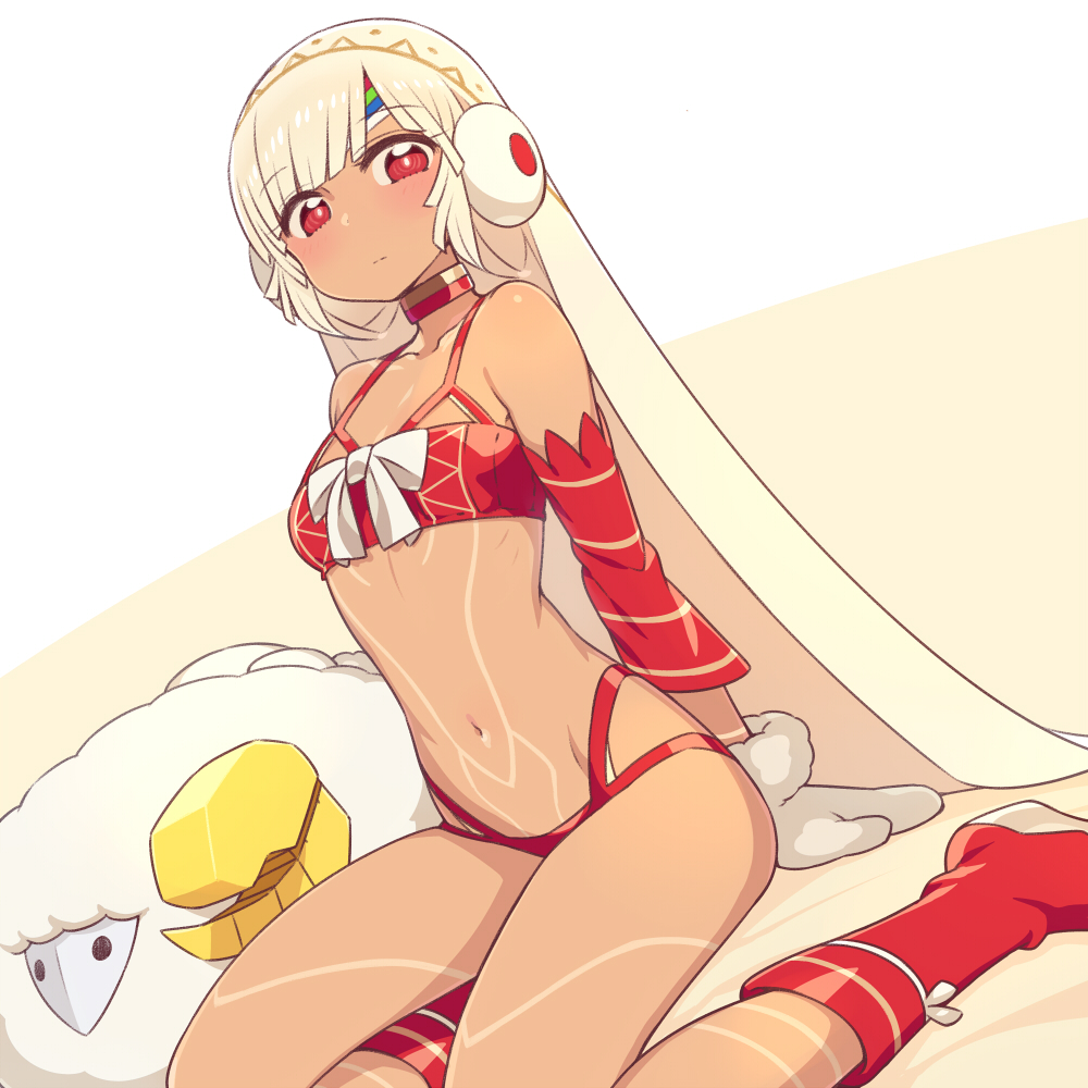 1girl altera_(fate) altera_the_santa bangs bare_shoulders beltbra blunt_bangs boots bra breasts bright_pupils chan_co choker closed_mouth detached_sleeves dutch_angle earmuffs eyebrows_visible_through_hair fate/grand_order fate_(series) looking_at_viewer mittens navel panties red_bra red_eyes red_footwear red_panties ringed_eyes sheep short_hair silver_hair sitting small_breasts solo underwear veil