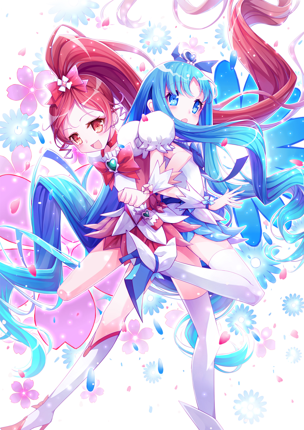 2girls absurdly_long_hair blue_hair blush bow cure_blossom cure_marine eyebrows_visible_through_hair hair_bow hanasaki_tsubomi heartcatch_precure! high_heels highres kurumi_erika ling_si long_hair looking_at_viewer multiple_girls open_mouth ponytail precure puffy_short_sleeves puffy_sleeves red_bow red_skirt redhead short_sleeves skirt smile thigh-highs very_long_hair white_legwear