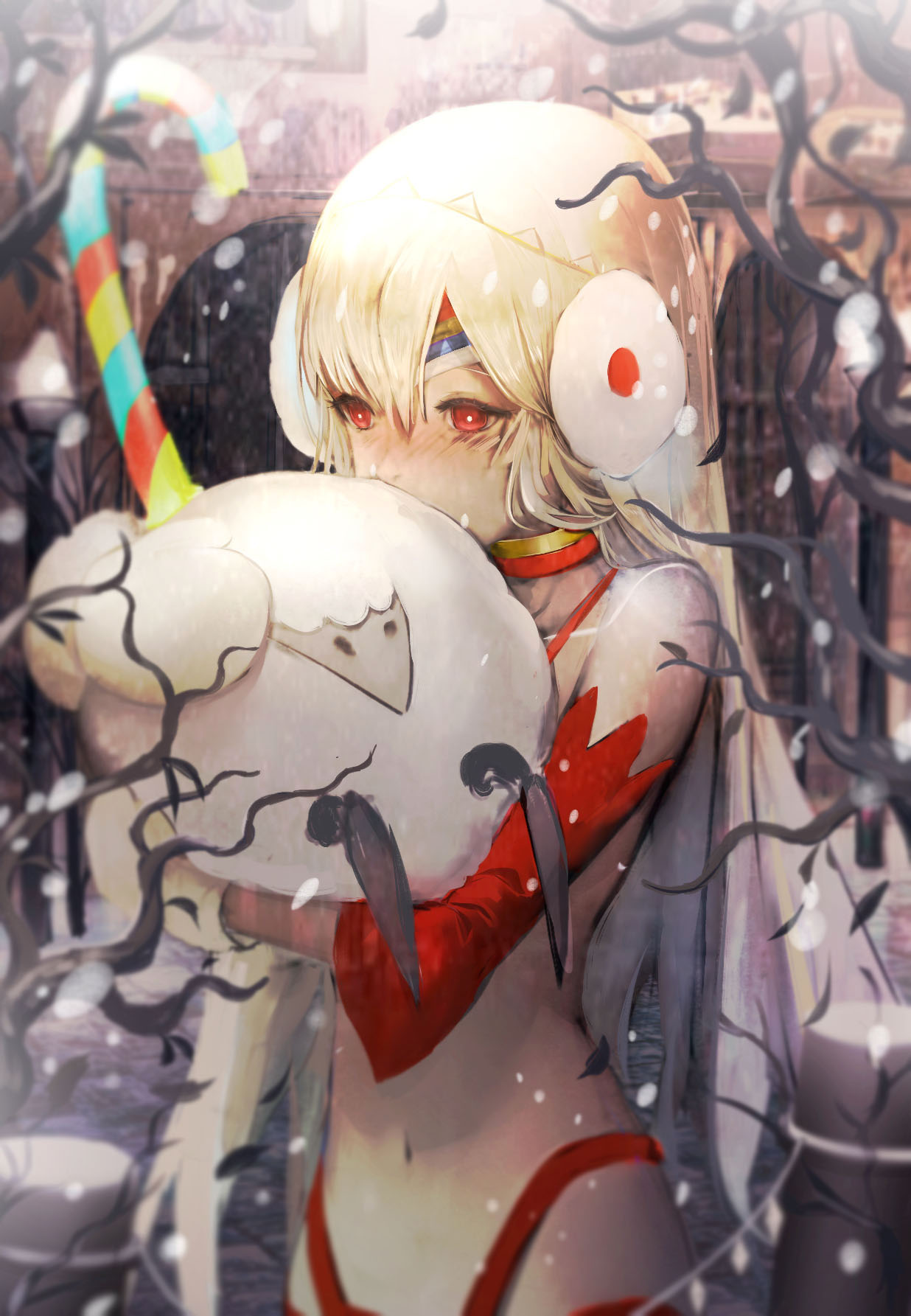 1girl altera_(fate) altera_the_santa animal bangs blurry blush building candy candy_cane choker christmas day depth_of_field detached_sleeves earmuffs fate/grand_order fate_(series) food highres holding holding_animal long_hair looking_at_viewer mittens navel outdoors red_eyes revealing_clothes sa'yuki sheep snowing solo stomach tree tree_branch upper_body veil white_hair