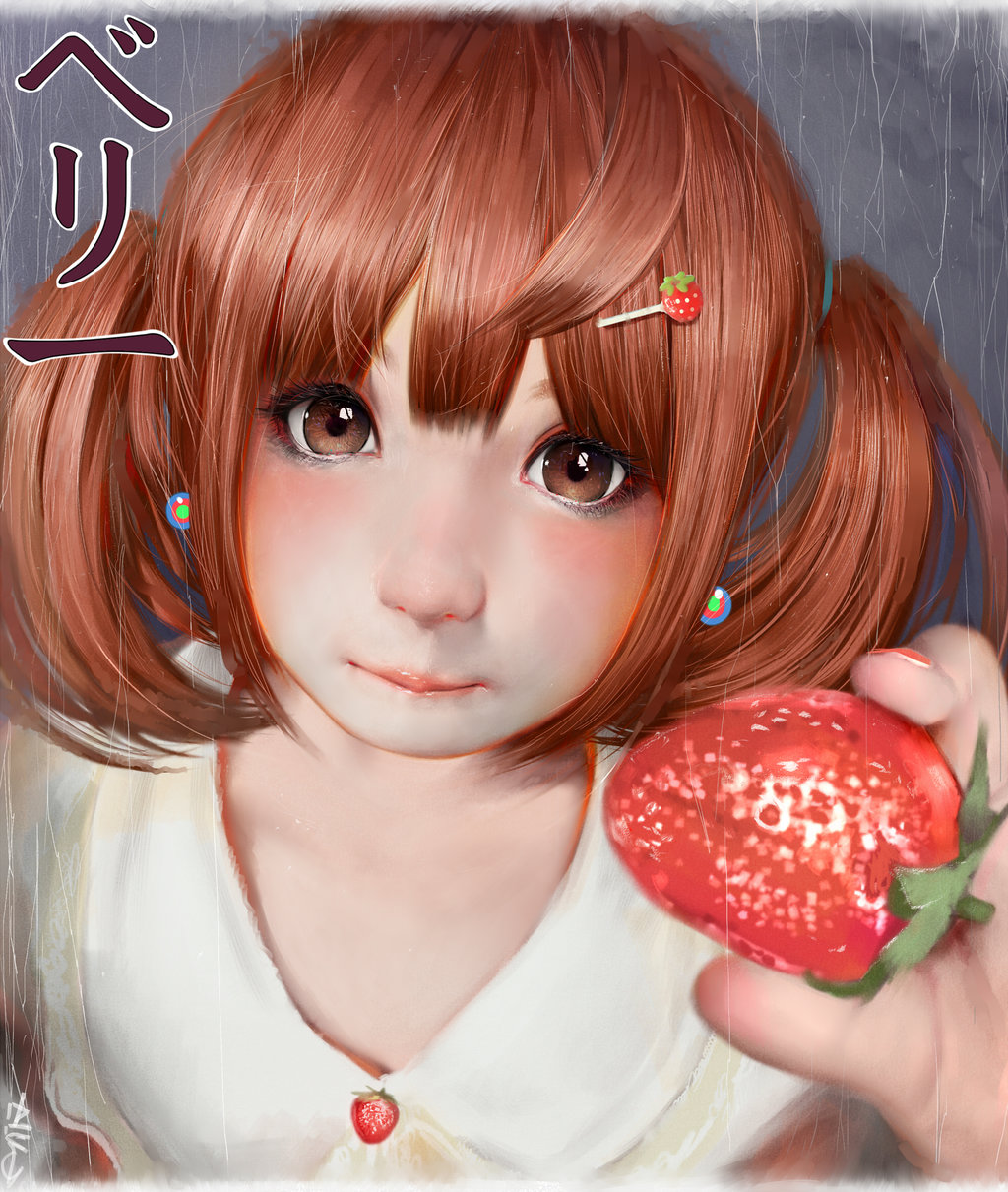 1girl bangs berry blush brown_eyes brown_hair closed_mouth commentary eyelashes food food_themed_hair_ornament fruit hair_between_eyes hair_ornament highres holding holding_fruit lipgloss looking_at_viewer nenko_cosplay original photo_reference randy_(awesomevillage) red_lips shiny shiny_hair shirt short_hair short_twintails solo strawberry strawberry_hair_ornament twintails upper_body white_shirt