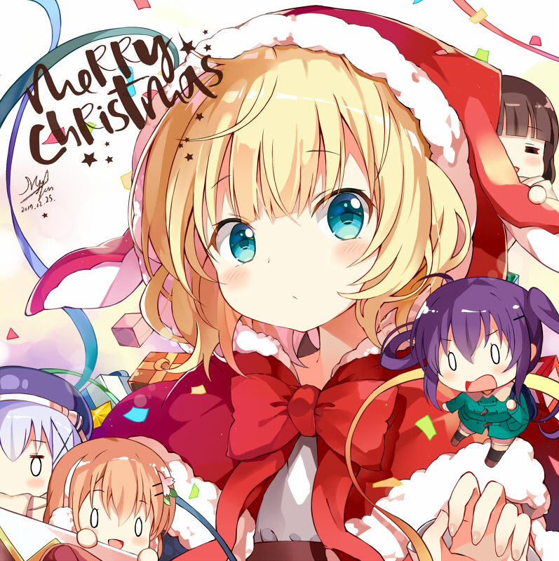 0_0 5girls :d alternate_costume aqua_eyes blonde_hair blush bow box capelet chibi christmas closed_mouth commentary_request confetti dated fur-trimmed_capelet fur-trimmed_hat gift gift_box gochuumon_wa_usagi_desu_ka? hat hat_with_ears hoto_cocoa kafuu_chino kirima_sharo looking_at_viewer medium_hair merry_christmas multiple_girls myuton open_mouth red_bow red_capelet ribbon santa_costume santa_hat signature smile tedeza_rize ujimatsu_chiya upper_body