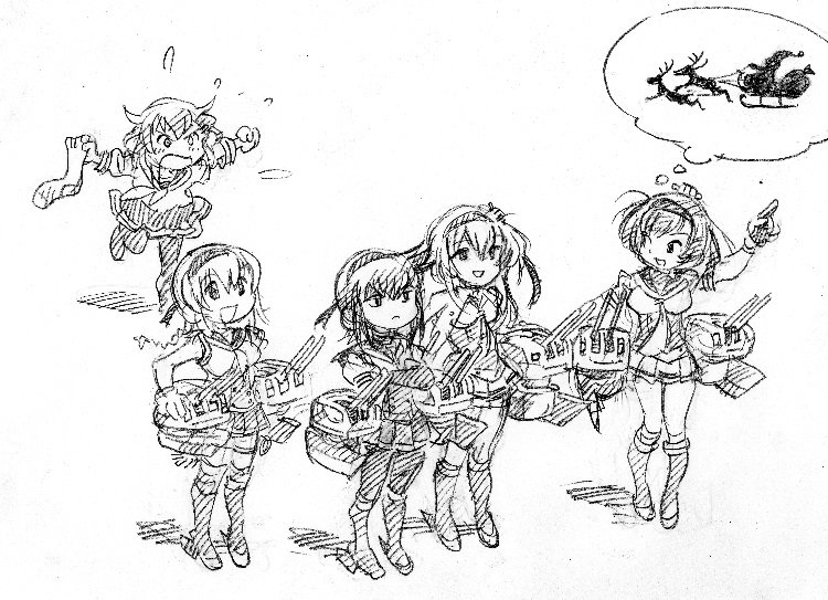 &gt;:o 5girls :c :d akizuki_(kantai_collection) asari_yoshitoo cannon chou-10cm-hou-chan full_body gloves greyscale hatsuzuki_(kantai_collection) ikazuchi_(kantai_collection) kantai_collection looking_up monochrome multiple_girls open_mouth pantyhose pointing pointing_up reindeer running santa_claus short_hair sketch sled smile standing suzutsuki_(kantai_collection) teruzuki_(kantai_collection) traditional_media turret