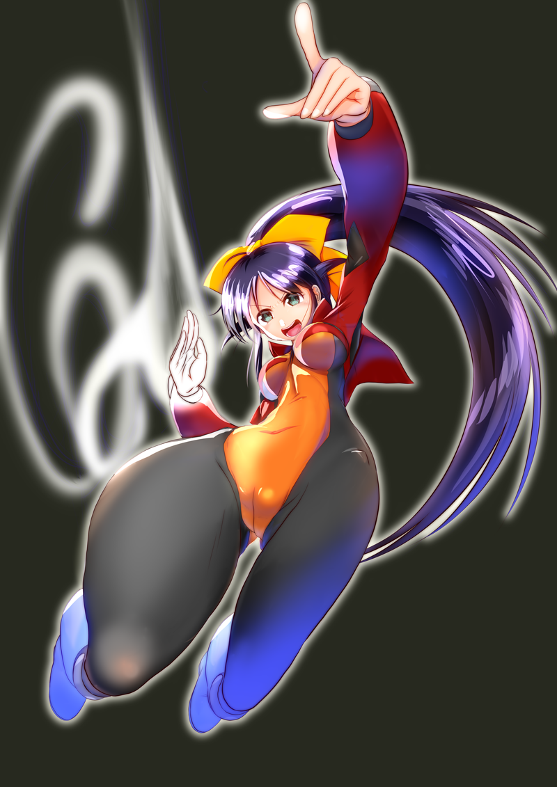 1girl :o andou_mahoro black_background black_hair blue_eyes bodysuit boots covered_navel full_body jacket knee_boots long_hair looking_at_viewer mahoromatic mokerou open_mouth ponytail red_jacket solo thighs white_footwear