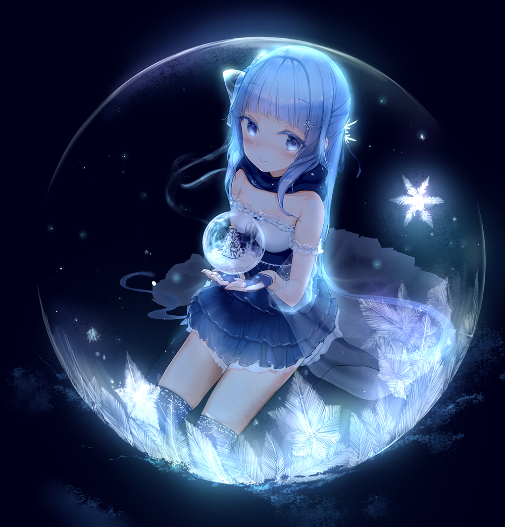 1girl bangs bare_shoulders blue_background blue_eyes blue_gloves blue_hair blue_legwear blue_scarf blue_skirt blush breasts christmas christmas_tree commentary dark_background dress eyebrows_visible_through_hair fingerless_gloves frilled_dress frilled_skirt frills futoshi_ame glass gloves hair_ornament holding inside_bubble long_hair looking_at_viewer nose_blush original outstretched_hand scarf sidelocks sitting skirt sleeveless small_breasts smile snow snow_globe snowflakes solo strapless strapless_dress twintails very_long_hair