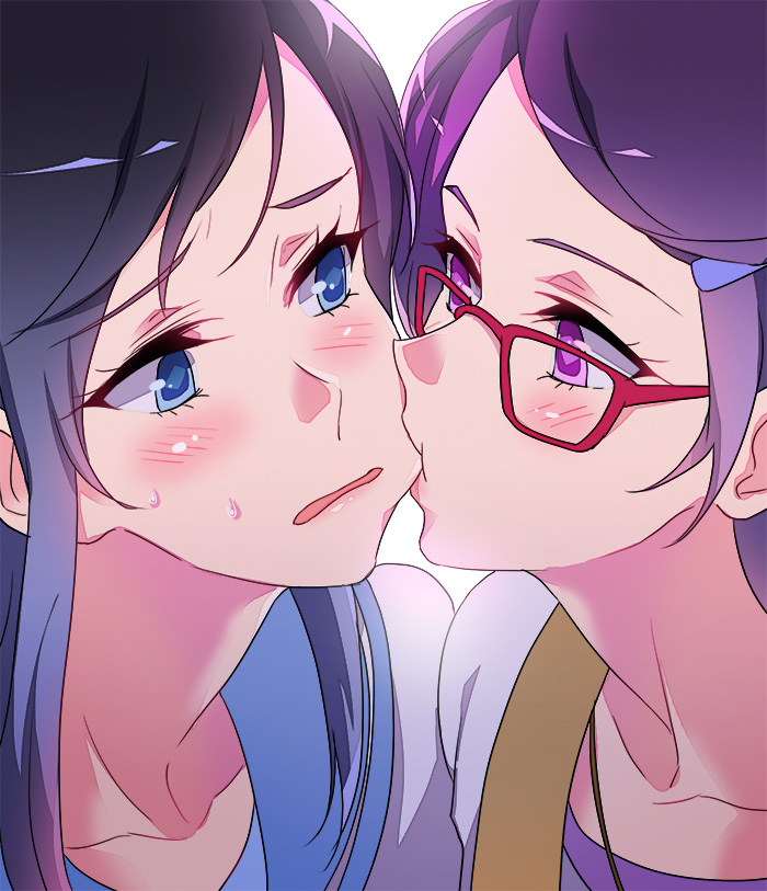 2girls biting blue_eyes blue_hair blush cheek_biting dokidoki!_precure glasses hair_ornament hairclip hishikawa_rikka kenzaki_makoto long_hair looking_at_another multiple_girls negom precure purple_hair red-framed_eyewear short_hair simple_background upper_body violet_eyes white_background yuri